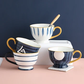 

Japanese Style 420ml Ceramic Tea Coffee Cup Hand Painting Undergalze Breakfast Milk Cereal Cup