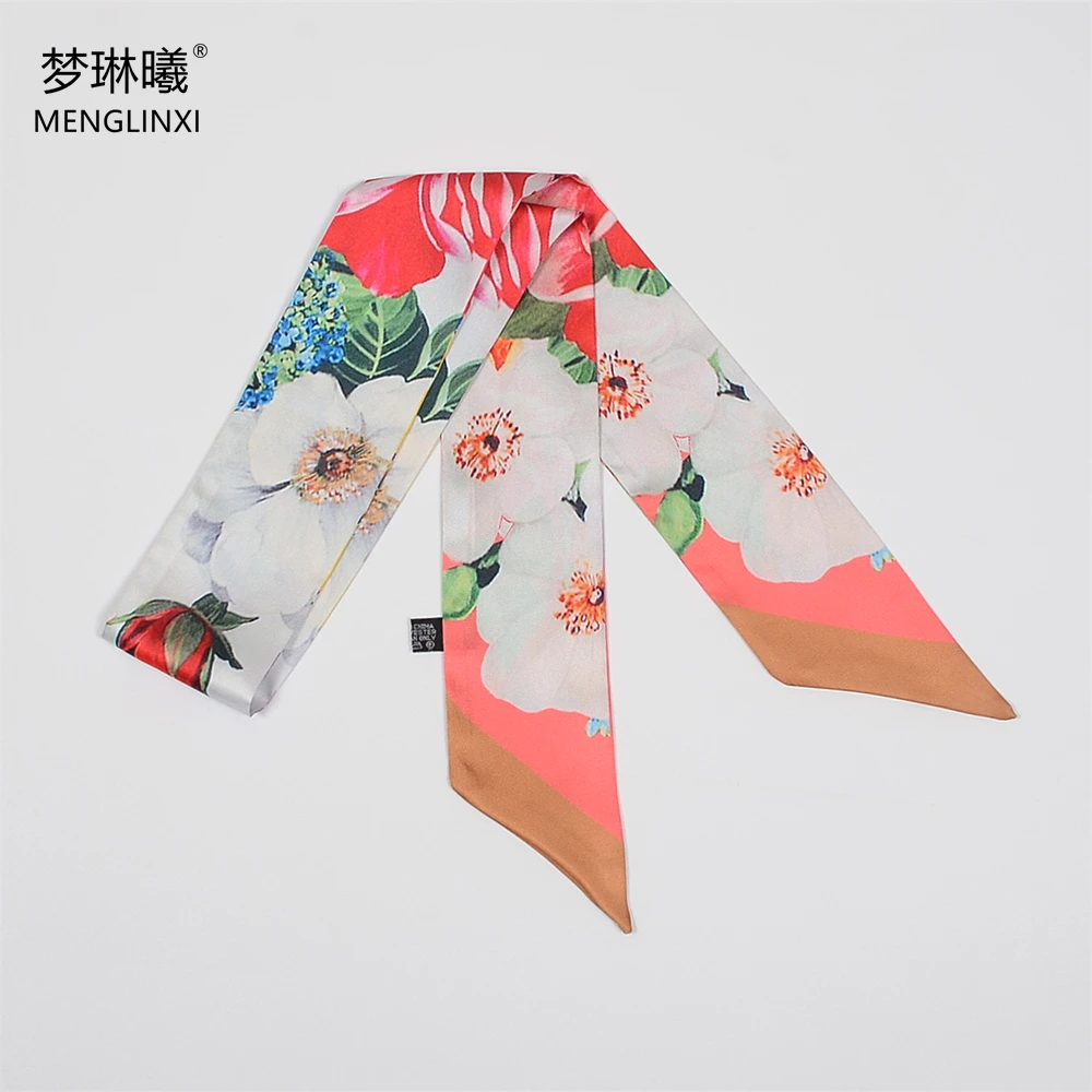 

Flowers Print New Design Skinny Scarf Brand Women Silk Scarf Bag Scarves Wrist Towel Foulard Neckerchief Headband For Ladies