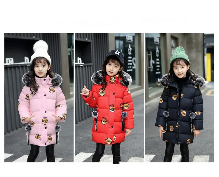 Baby winter new girl down jacket children letter printing thick warm cotton coat girl baby big fur collarcotton hoodedlong coat