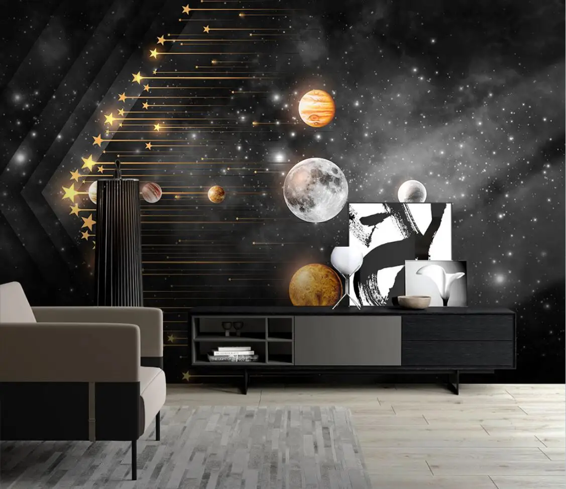 

Индивидуальные обои любого размера, звездное небо, планеты, метеорит, черный, серый фон для телевизора, настенный фон для дивана, Настенная роспись, 3d обои