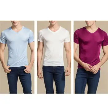 

Summer Men Pure Silk Knitted knitting High Quality Casual Short V-Sleeve T-Shirt
