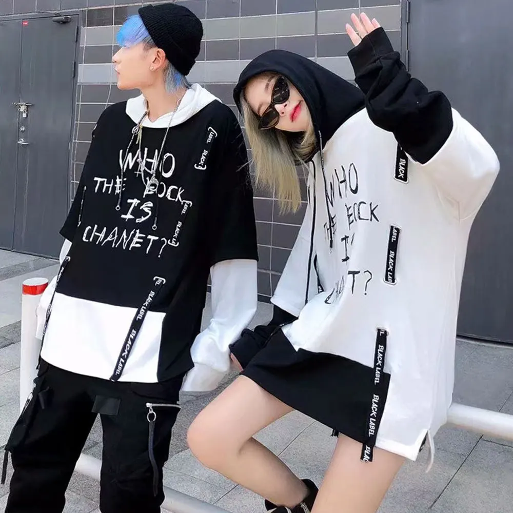 pic Korean Couple Outfits Black korean couple hoodies ribbon hoodie streetwear sweatshirt couple black white long sleeve women men hoodies hooded male