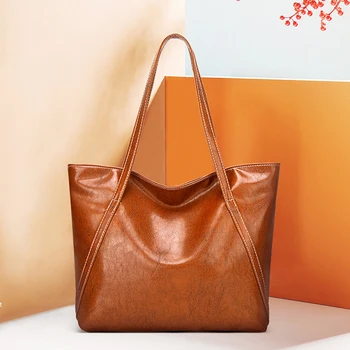

2019 New Ladies Bag Oil Wax Leather Large Capacity Casual Shoulder Bags Solid Color Women Handbags In Women's Tote Designer