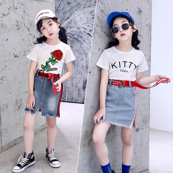 

Fashion Girl Summer Clothes Cotton Letter Print Short Sleeves Girl Shirts Cowboy Short Skirt Girl Set Leisure Clothing Send Belt