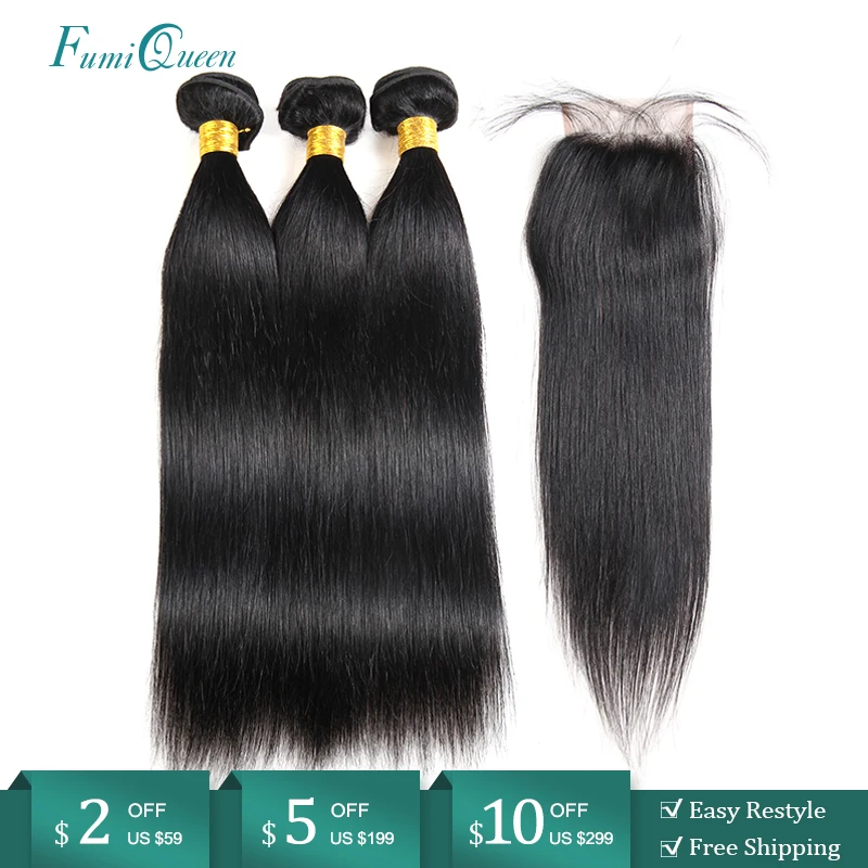 Ali FumiQueen Brazilian Straight Hair 3/4 Bundles with 4x4 Lace Closure Human Non-Remy Extensions | Шиньоны и парики
