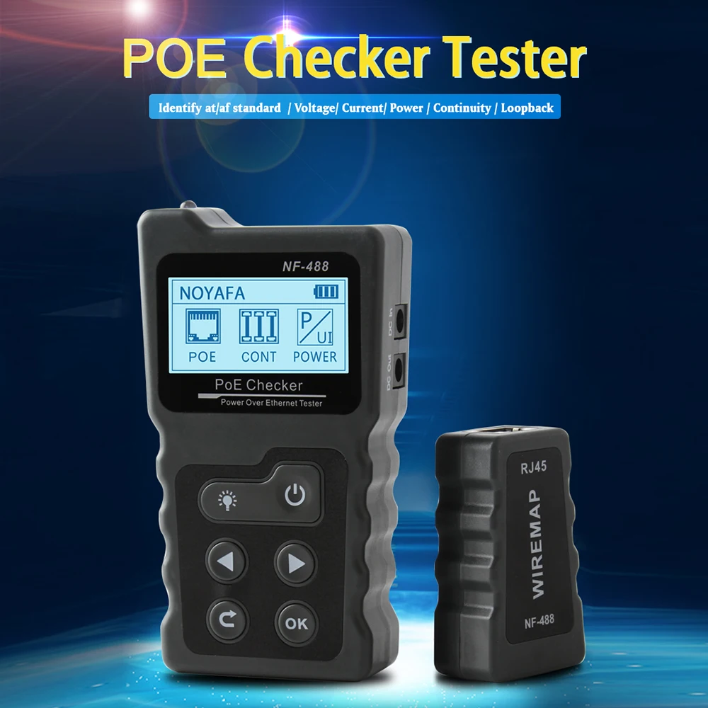 

NF-488 Multi-functional LCD Network Cable Tester PoE Checker Inline PoE Voltage and DC power Current Tester with Cable Tester