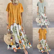 Женское летнее винтажное платье с принтом, длинное платье большого размера, пэтчворк, имитация двух частей, Повседневное платье с круглым вырезом и коротким рукавом размера плюс, макси платье