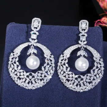 

LUALA Round Blossom Flower Long Cubic Zirconia Women Statement Long Drop Earring Wedding Party Bridal Jewelry Gift CZ628