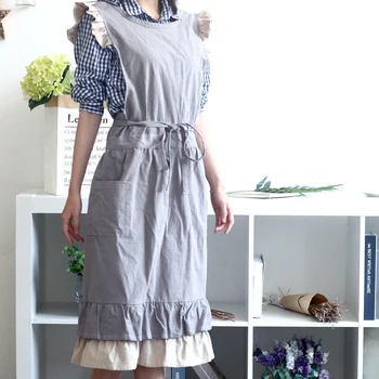 

105Cm Retro Ruffled Cotton Linen Apron Female Ladies Sleeveless Apron Adult Apron Work Apron