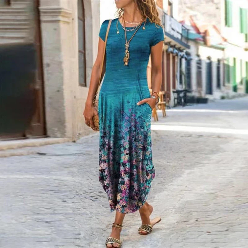 Vintage Flower Dress Women O Neck Pocket Casual Dresses For Women Loose Long Dress Plus Size Ladies Vacation Party Dress