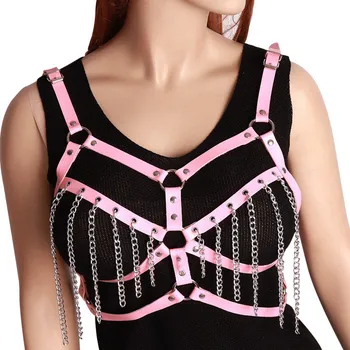 

Steampunk Chain Bra Leather Harness Pink Sexy Chest Straps Belt Hollow out Adjustable Dance Party Rave Women Crop Top Lingerie