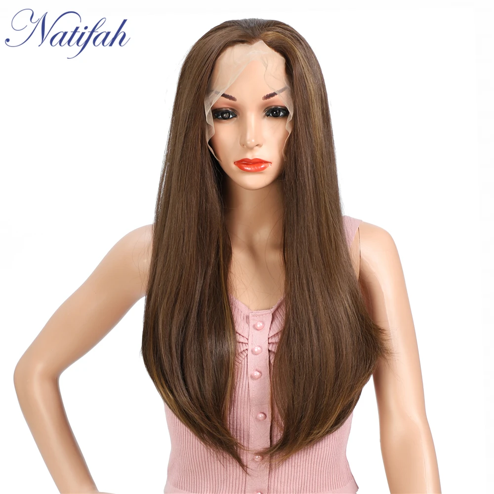 Natifah Orange Wig Long Straight Wig Synthetic Lace Front Wigs 24 inch Purple Red Brown can be Cosplay Wigs For Black Women - Цвет: T1B/613