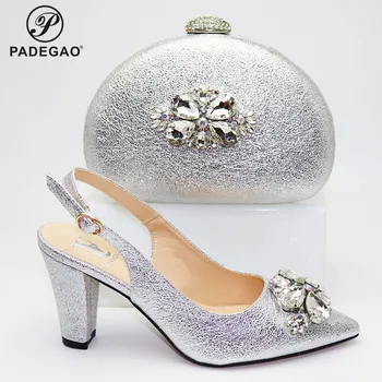 

Silver Color Italian Design Coming of age Cermony Gift For Party Decorate with Rhinestone African Women Shoes and Bag Set