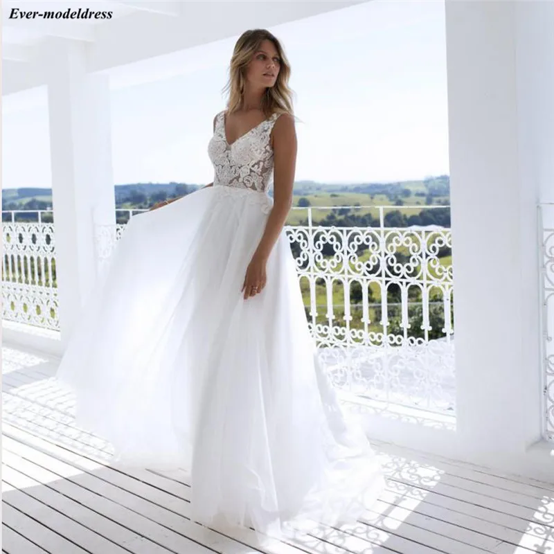 

Lace Wedding Dresses Boho A-Line Backless V-Neck Floor Length 2020 Bridal Gowns Bride Dress Vestido De Noiva Cheap