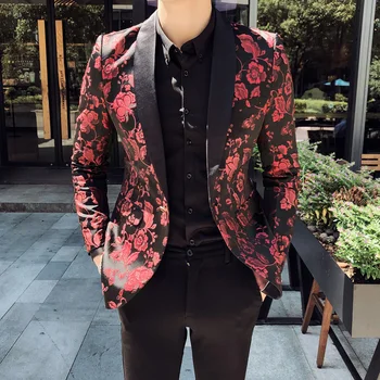 

Flower Pattern Fashion Print Blazer Masculino Mens Casual Blazer Jacket Silver Blue Burgundy Blazer Hombre 2019 Prom Dress Q742