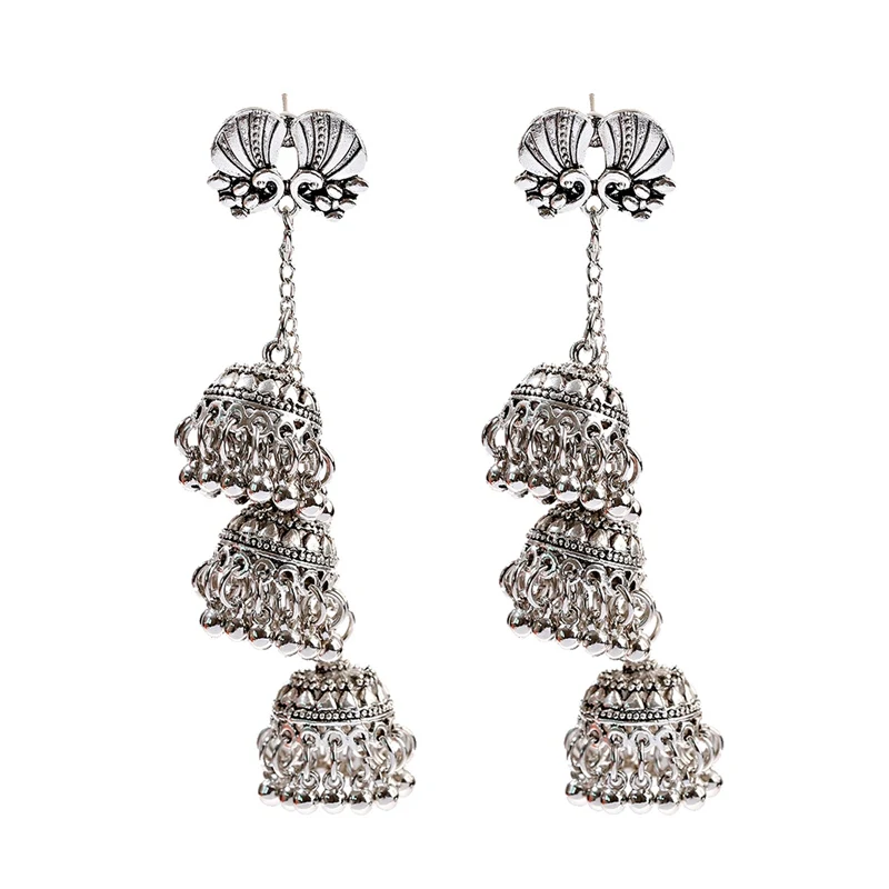 Style 3 Античные цыганские индийские серьги Jhumka для женщин и девочек, винтажные серебряные серьги с цветами и птицами, Резные длинные серьги-подвески с кисточками, ювелирные изделия - Окраска металла: Style 3
