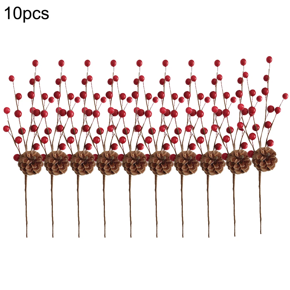 

10pcs Simulation Berry Branch Red Foam Berry and Pine Cone Set Christmas Decoration Flower Artificial Berry Branch Exquisite S