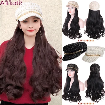 

AILIADE New Wavy Navy Hat Wig Black Brown Multicolor With Wig And Hat Natural Connection High Temperature Synthetic Female Cap