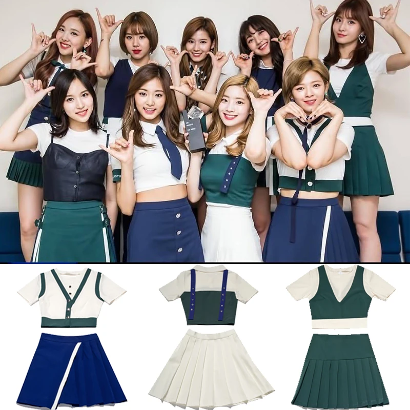 

kpop Korean Singer new summer stage show Cheerleader Graduation tshirt and skirt two piece set women College style 2 piece set