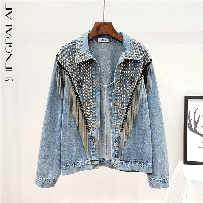 SHENGPALAE Streetwear Rivet Tassel Denim Jacket Women's Spring Autumn 2022 New Lapel Loose Single Breasted Long Sleeve Coat | Женская