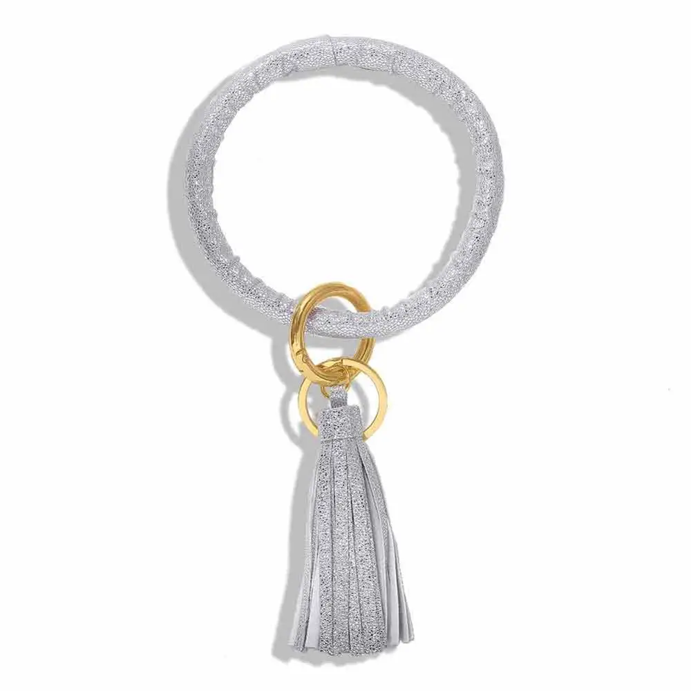 Dvacaman New Fashion Multi-Color Tassel Keychain Enamel PU Leather O Key Chain Monogram Circle Wristlet Keychain For Women Girls - Цвет: 10