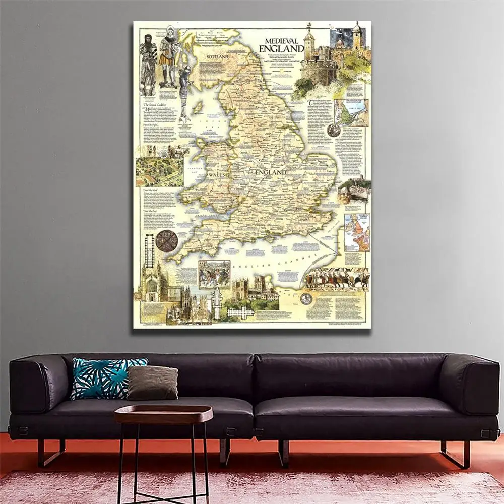 

A2 Size Fine Canvas Vinyl Painting HD Printed Wall Art Map of Medieval England Roll Packaged Crease-free Map