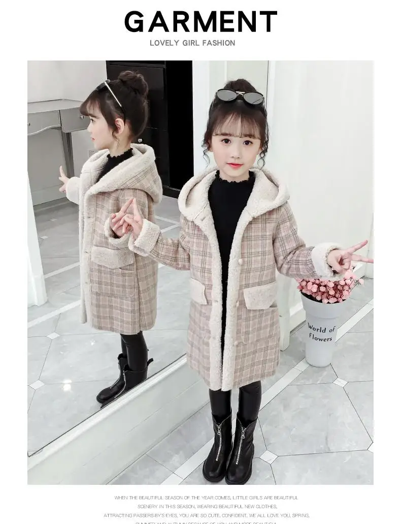 Коллекция года, осенне-зимнее пальто для девочек модная длинная куртка с капюшоном для девочек, детская утепленная шерстяная Верхняя одежда узор в клетку, для детей возрастом от 4 до 12 лет, K63