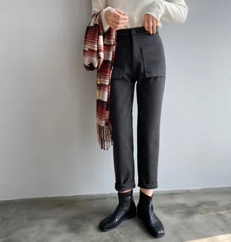 

Warm Pants Female Wool Thick Harem Pants Winter Vintage High Waist Trousers Pocket Ninth Pant Women Casual Loose Wide Trouser