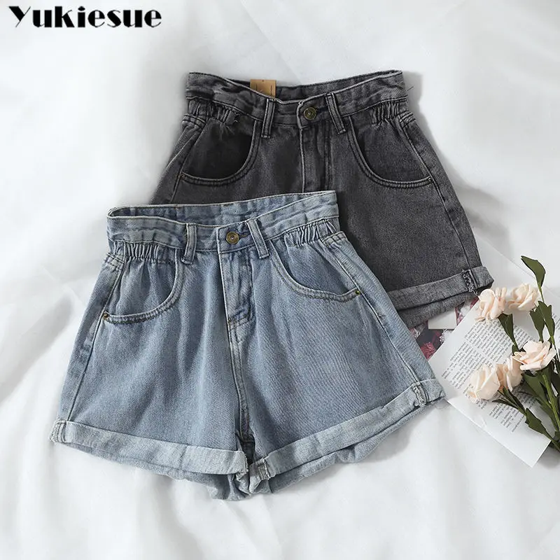 Pantalones cortos vaqueros de talla grande para mujer, shorts femeninos de cintura alta, a la moda, de talla grande, S-5XL pierna Cintura elástica ancha, 2021