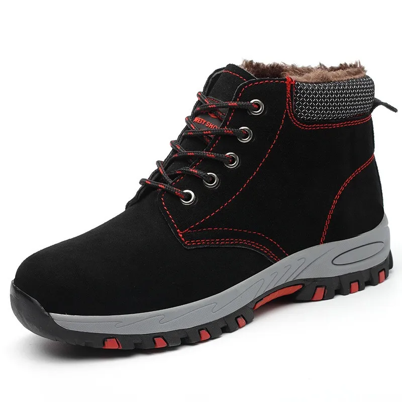 DEWBEST men Work Boots Winter Warm Outdoor Steel Toe Cap Anti-smashing Anti-piercing Outdoor Lace-up Cow Suede Safety Shoes - Цвет: Black