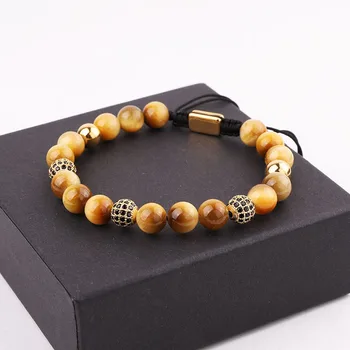 New Design 8mm Natural Stone Gold Tiger Eye CZ Pave Ball Braided Friendship Macrame Beaded Bracelet Men