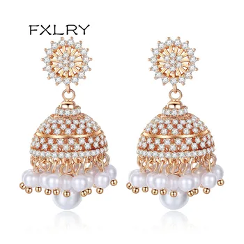 

FXLRY New Arrive Personality White Color Cubic Zircon Creative Bell Clang Shape Champagne Gold Pearl Earrings Fashion Women Jew