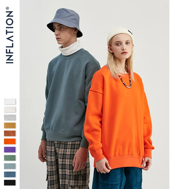  INFLATION 2019 Winter Mens Hip Hop Sweatshirts Velvet Fabrics Fleece Sweatshirts 10 Solid Color Men