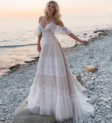 Spaghetti Straps Bohemian Boho Beach Wedding Dresses Nude Champagne Off the Shoulder Bridal Party Gown Vestidos De Noiva PFW88