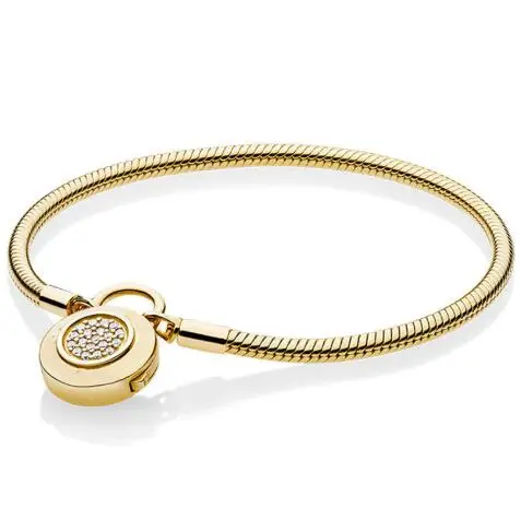 Аутентичный 925 пробы серебряный браслет золотого цвета с логотипом фирменный замок Гладкий Змеиный браслет подходит для бисера Шарм Diy ювелирные изделия