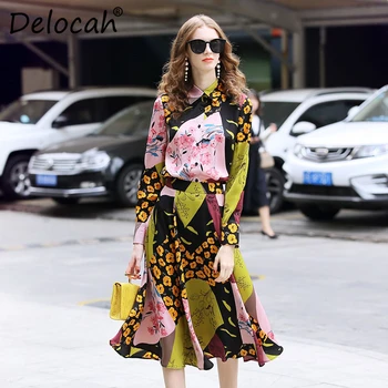 

Delocah 2020 Spring Summer Women Suit Runway Fashion Designer Long Sleeve Printed Blouses + Knee-Length Skirt Two Pieces Sets