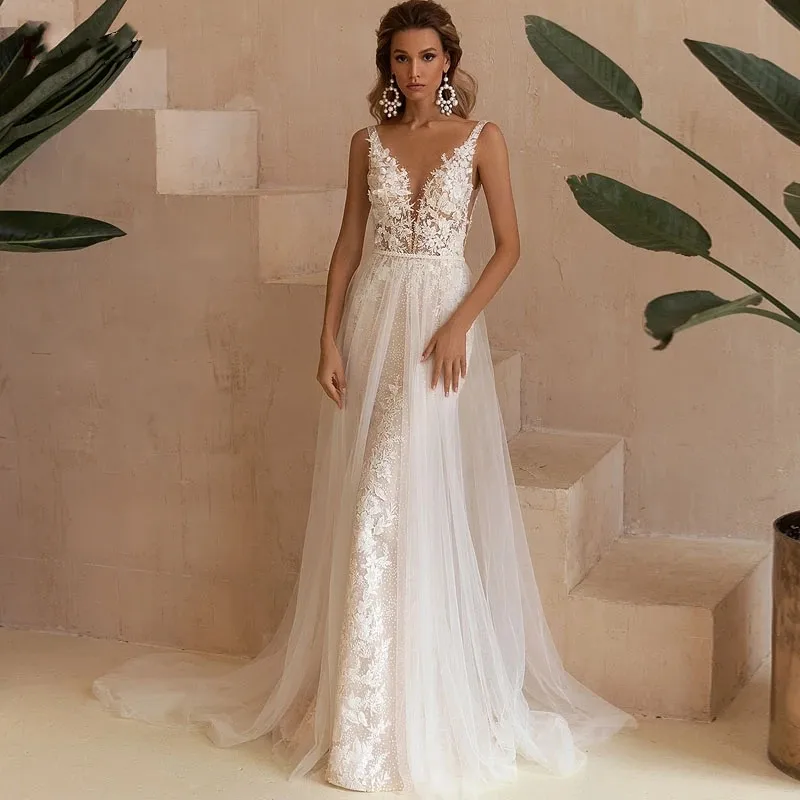 Sexy Mermaid Wedding Dresses 2022 Lace Appliques V-Neck Backless Vestido De Novia Detachable Sweep Train Tulle Robe De Mariée bridal gowns