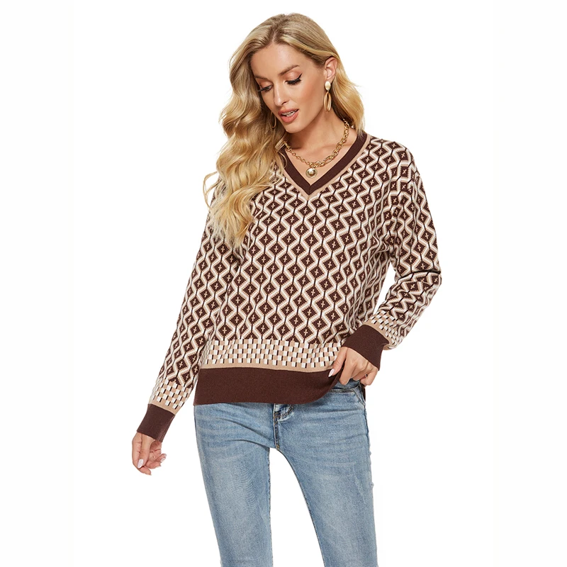 

England Style Argyle Knitted Sweaters Women Vintage Knitwear V Neck Long Sleeve Autumn Winter Pullover Jumpers