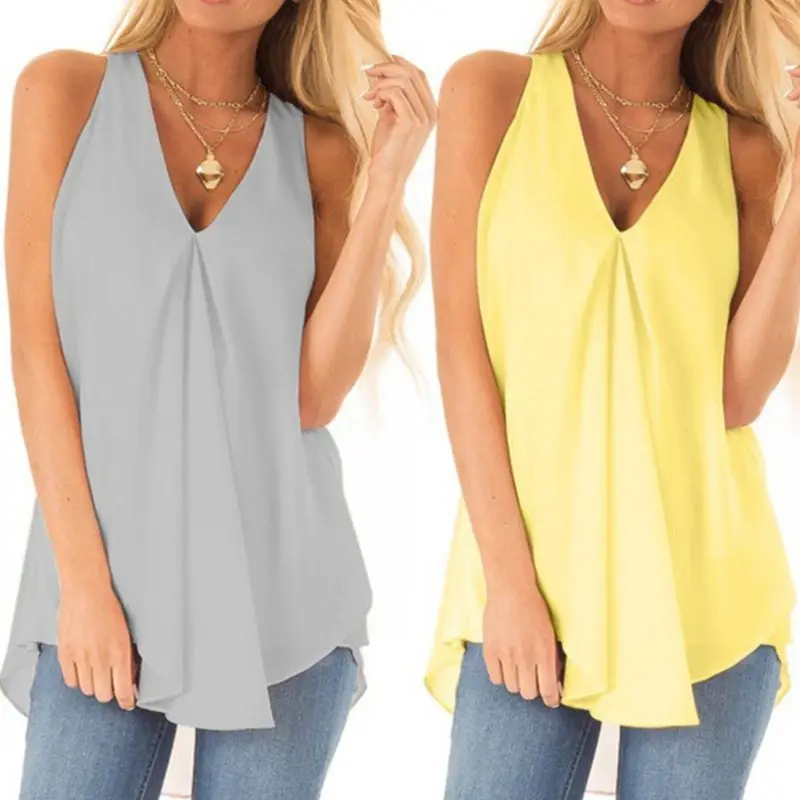 

Women Plus Size Sleeveless Chiffon Tank Top Pleated Drape V-Neck Swing Shirts Solid Color Loose Tunic Blouse Vest S-5XL