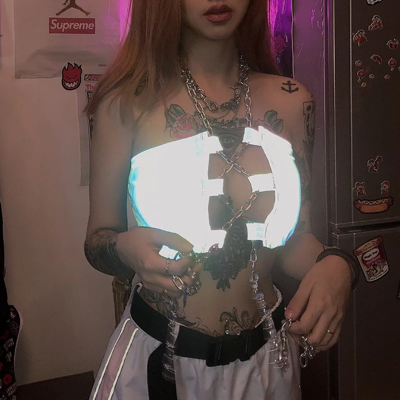 ArtSu Harajuku Women Reflective Crop Top Chain Halter Top Off Shoulder Sexy Backless Clubwear Cami Top Streetwear Punk ASVE20786