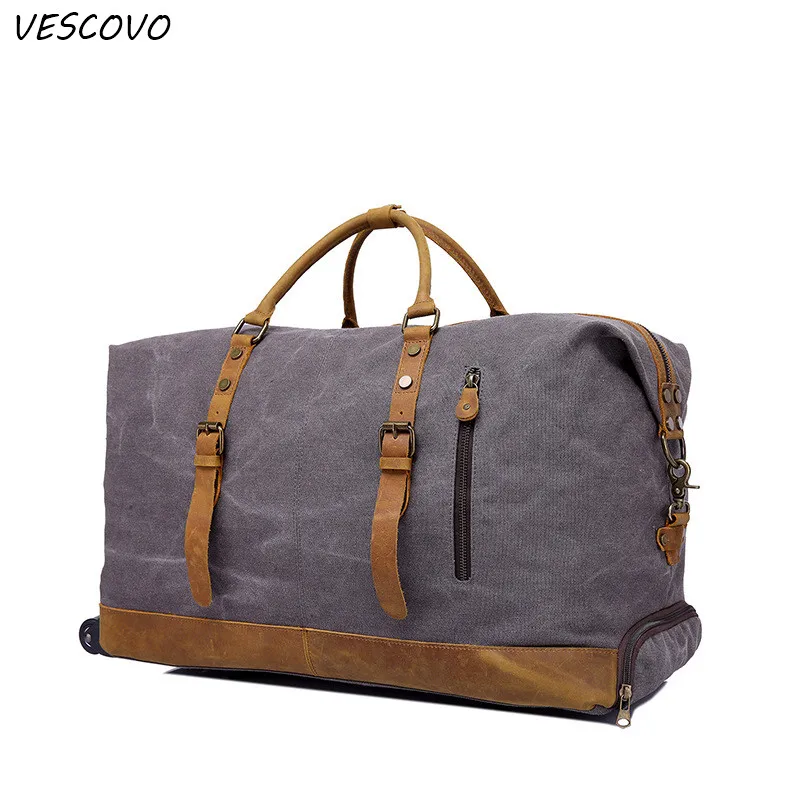 VESCOVO ретро холст с кожаной мужской тележки дорожная сумка переносная многофункциональная Скалка багажа Спиннер на колесах