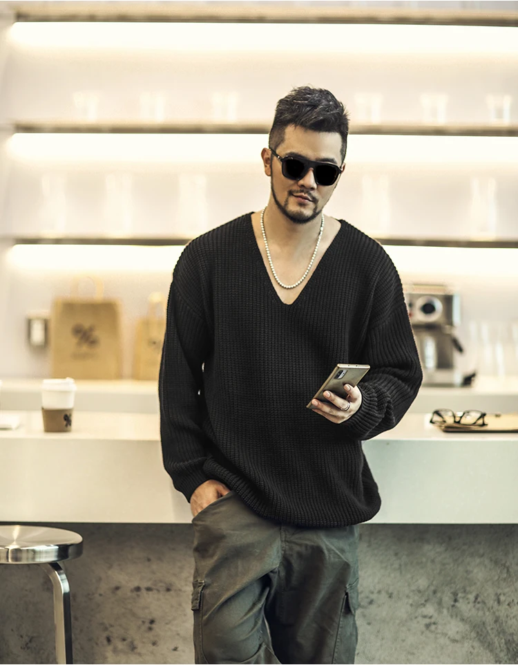 autumn winter men's Pullover thick needle deep V-neck loose sweater oversize Pullover Sweater j6001 black sweater with zipper