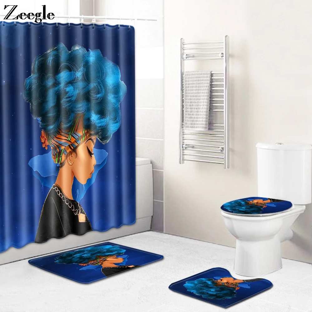 Zeegle Bathroom Waterproof Shower Curtains Anti-slip Toilet Pedestal Rug Soft Toilet Cover Mat Bathroom Mat 4pcs Shower Bath Set
