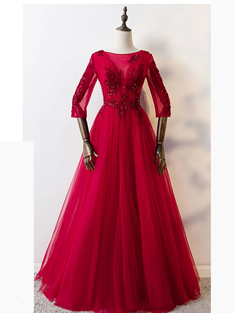 It's Yiya вечернее платье бордовый аппликации вышивка роскошное элегантное бальное платье с рукавом 1/2, для вечеринок Длинные вечерние платья E1010