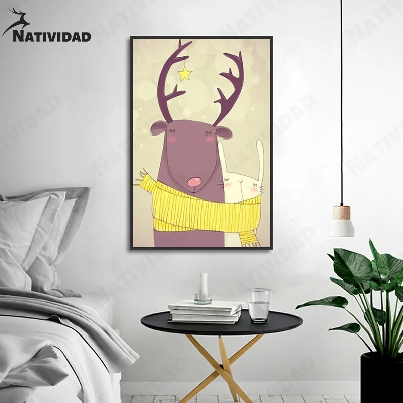 

Cute Deer and Rabbit Together On Canvas Painting Japanese Style Cartoon Posters and Prints for Living Room Decoration Painting