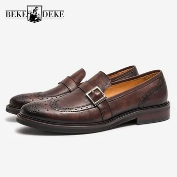 

British Bullock Carved Mens Genuine Leather Business Shoes Autumn New Brand Buckle Round Toe Slip On Comfort Male Dress Shoes
