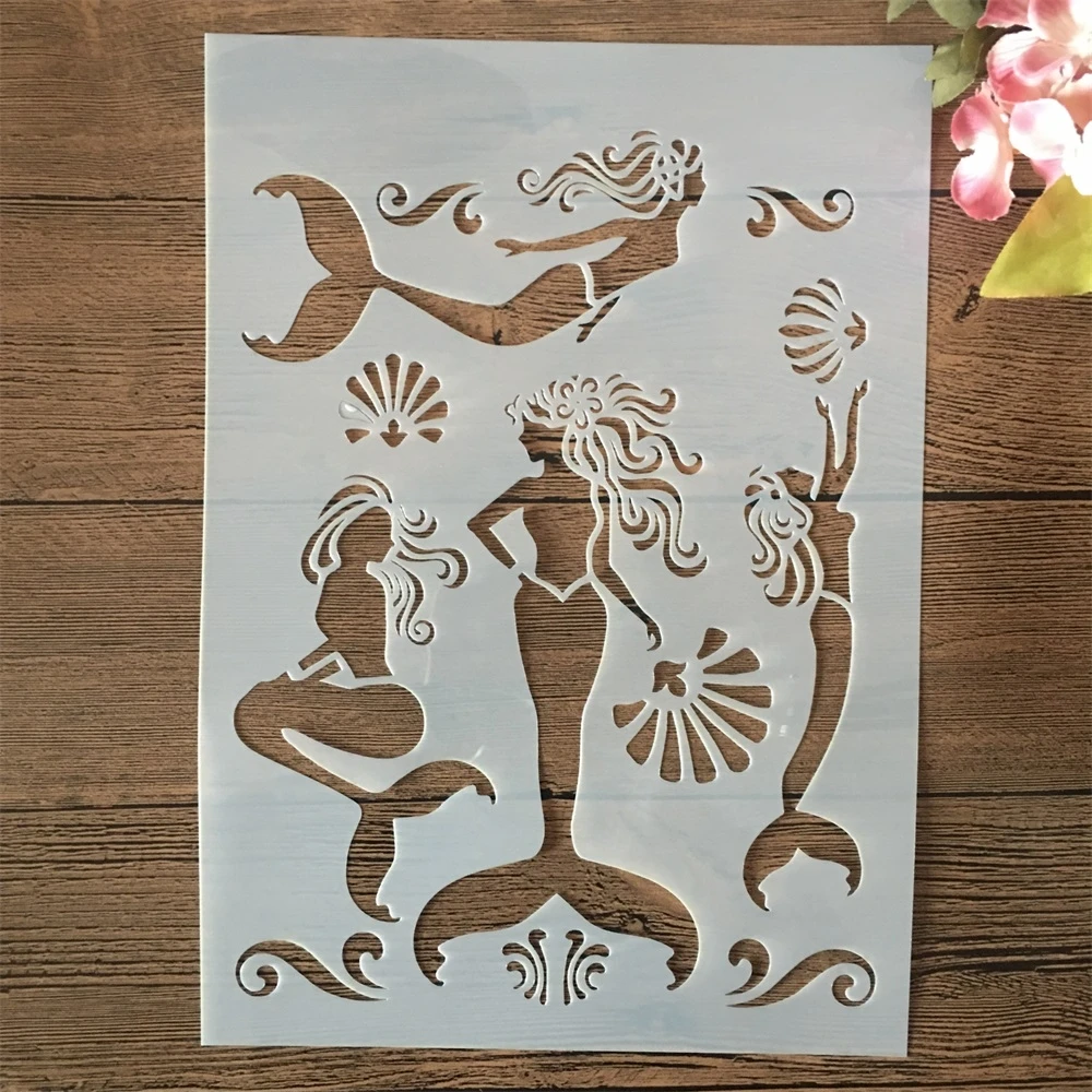 

A4 29cm Beautiful Four Mermaid DIY Layering Stencils Wall Painting Scrapbook Coloring Embossing Album Decorative Template