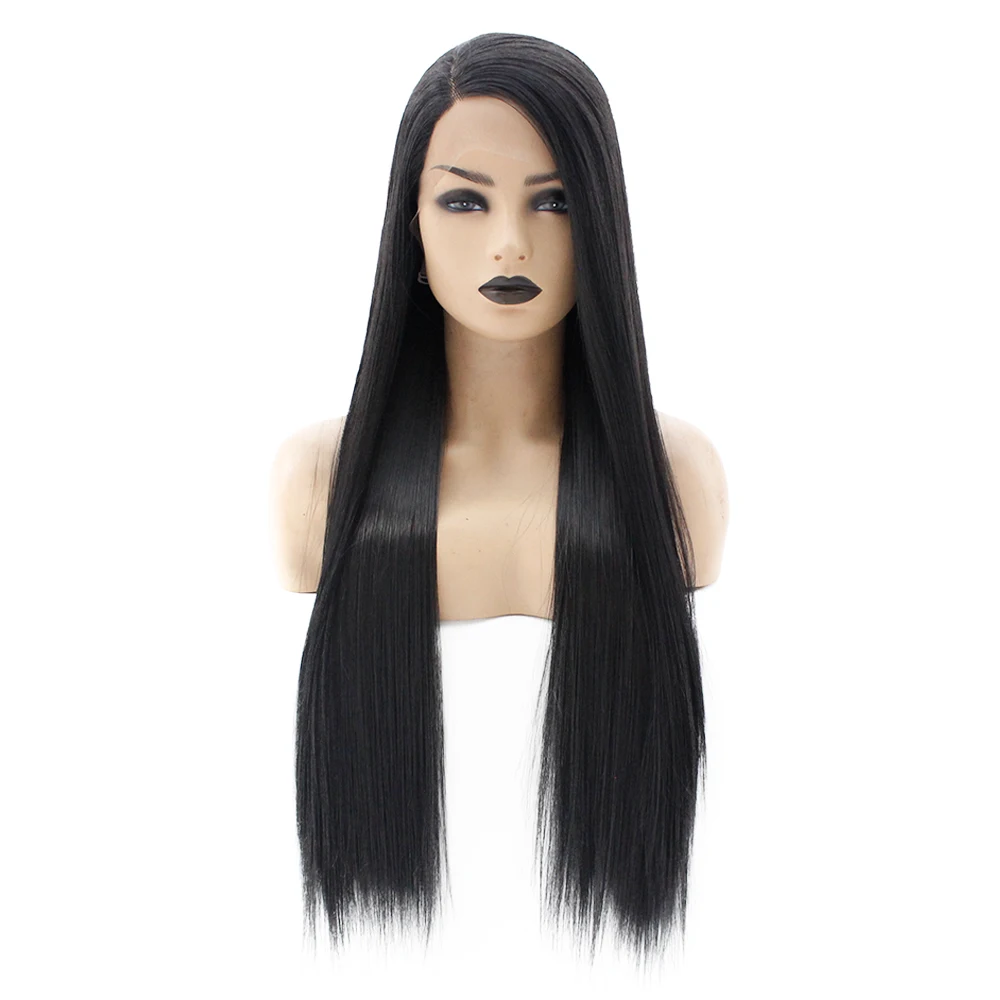 V'NICE черный цвет парик фронта шнурка естественная линия волос боковая часть синтетические термостойкие волокна волос Длинные прямые парики для женщин
