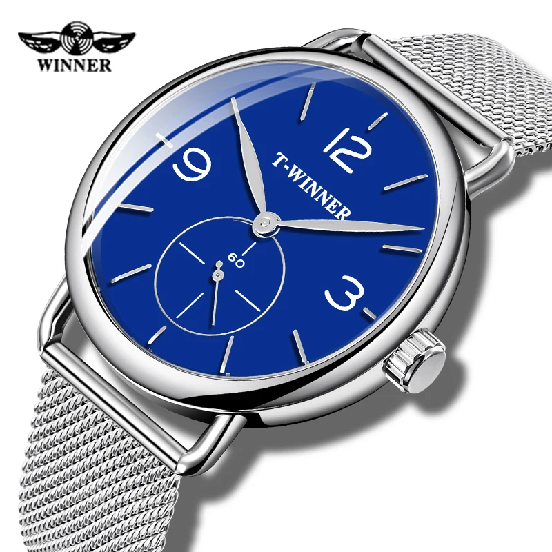 

Top Brand WINNER Blue Ocean Geometry Design Transparent Skeleton Fashion Mens Automatic Mechanical Watch Waterproof Clock