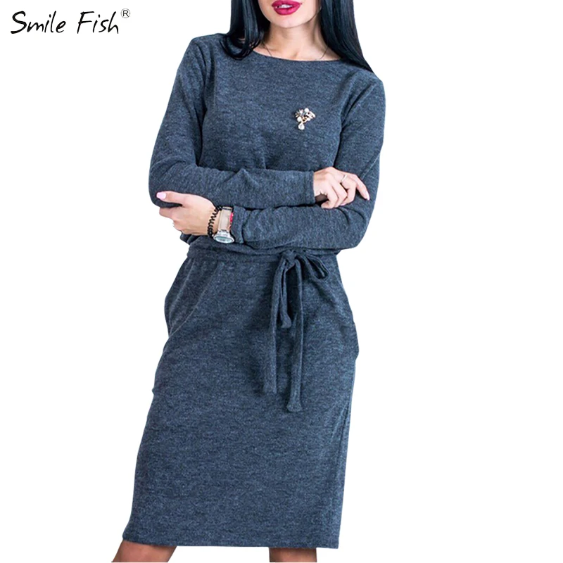 

Winter Warm Women Midi Dress Slim Spring 2018 Long Sleeve Loose Knee Length Casual Female Dresses Mujer LX364